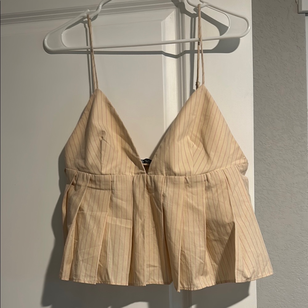 Zara Cream Spaghetti Strap Pleated Crop Top